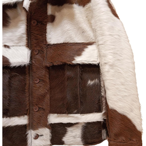 Veste en cuir véritable patchwork marron et blanc, col rabattu, écologique, style motard, doublure épaisse en coton/polyester, fermeture éclair - Product Image 3