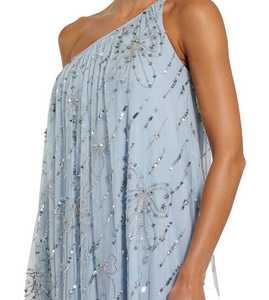Vestido de noche azul claro de un solo hombro con lentejuelas, de gasa, corte imperio, línea A, cola capilla, largo hasta el suelo - Product Image 3