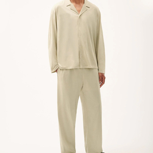 Conjunto de Pijama de Manga Larga Azul Claro para Hombre, Color Sólido, Ropa de Dormir Informal Suave, 100% Algodón, Lavable a Máquina, Ropa de Primavera - Product Image 2