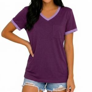 Women's Purple V-Neck Short Sleeve T-Shirt With Pocket Casual Cotton Jersey <b>Top</b> Spring Summer Wear - Product Image 4