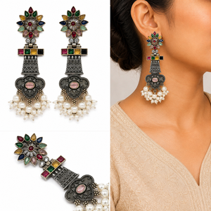 Proveedor Mayorista de Pendientes Étnicos de Dos Tonos Plateados en Plata Antigua para Mujer, con Moissanita Engastada en Bisel, para Boda, Venta al por Mayor, 32g - Product Image 1