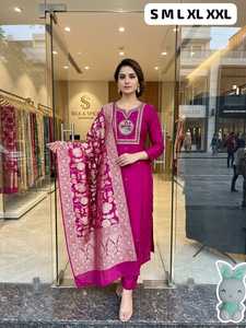 Conjunto de Kurta y Dupatta Bordados para Mujer, Ropa India y Pakistaní, Corte Regular, Chal Jacquard, Rosa, Morado, Verde - Product Image 4