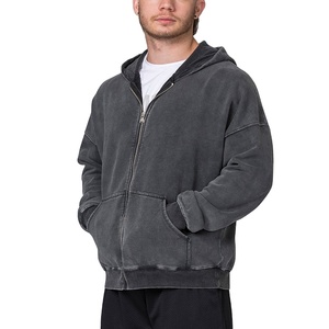 <b>Vintage</b> Acid Wash Zip Hoodie Men 450GSM Cotton Fleece Oversized Casual Streetwear Full Zipper Hooded <b>Sweatshirt</b> - Product Image 1