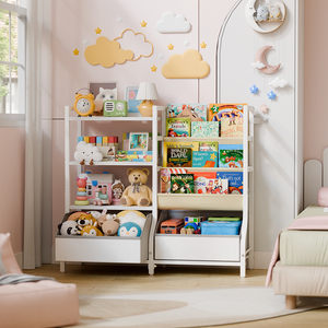 Étagère à livres pour enfants à 3 niveaux avec rangement pour jouets, organisateur <span class=keywords><strong>de</strong></span> livres orienté vers l'avant avec 2 grands bacs pour salle <span class=keywords><strong>de</strong></span> jeux - Product Image 4