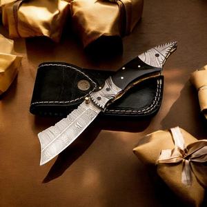 Custom Handmade Damascus Folding Knife with Bull Horn Handle Engraved Steel Bolster Leather Sheath EDC Pocket Knife OEM Supplier - Product Image 1