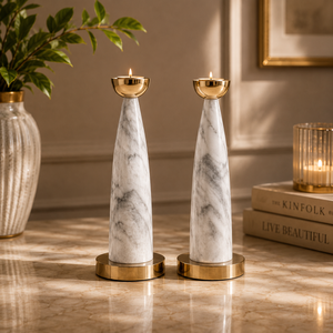 Juego de Portavelas de Mármol de Lujo con Elegantes Detalles en Dorado para Decoración de Mesa Moderna e Iluminación Ambiental Cálida - Product Image 1