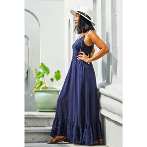 Robe longue bohème bleu marine pour femme, bretelles spaghetti, ourlet en dentelle, tenue décontractée pour l'été et les vacances - Product Image 4