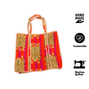 Jaipur Hand Block Printed Cotton Tote <b>Bag</b> With Quilted Design Eco Friendly Reusable Handbag For Office Travel Use Tiger Print - Product Image 2