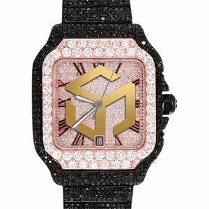Reloj de Cuarzo Analógico Cuadrado de Lujo con Esfera Rosa Pavé, Números Romanos, Fecha, Bisel con Pedrería y Correa Negra - Product Image 1