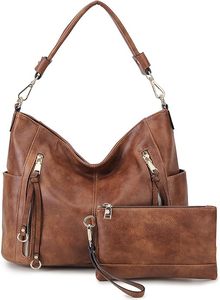 Sac hobo vintage en cuir véritable de haute qualité avec bandoulière, grande capacité, fermeture éclair, pour usage quotidien féminin, marron à rivets - Product Image 2