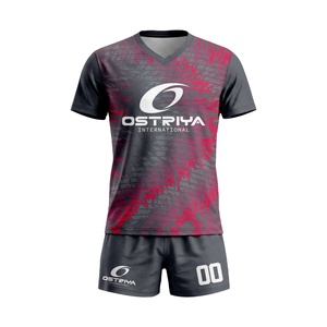 Ensembles d'uniformes de football professionnels respirants à col en V, à séchage rapide, à manches courtes, pour adultes, 100 % polyester, avec logo personnalisé imprimé - Product Image 1