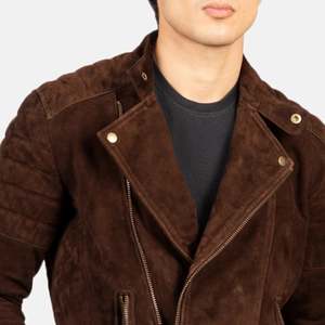 Fashion <b>Men's</b> <b>Brown</b> <b>Suede</b> Moto <b>Jacket</b> Slim Fit Zipper Closure Turn-down Collar Regular Sleeve Autumn Style Trend - Product Image 3