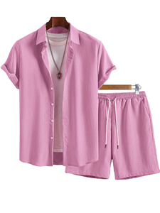 Ensemble décontracté rose pour homme, tenue d'été décontractée, coton tissé respirant, costume deux pièces - Product Image 1