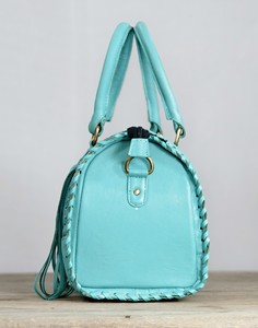 Turquoise 100% Genuine <b>Leather</b> Speedy Duffle Handbag With Cowhide Panel Floral <b>Tooling</b> And Tassel Fringes Sky Blue & White Color - Product Image 4