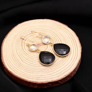 Black Onyx Pear & Crystal Round Gemstone <b>Gold</b> Vermeil Trendy Wedding Party Gift <b>Dangle</b> <b>Earrings</b> - Product Image 2