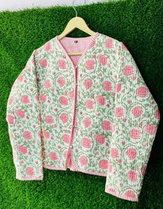 Womens Quilted Jacket Handmade Cotton <b>Coat</b> Block Printed Bohemian Style Button Front Lightweight Outerwear - Product Image 3