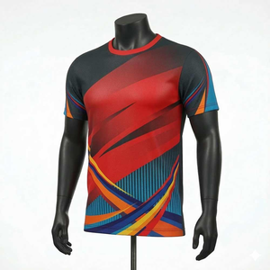 Camiseta de Manga Corta con Cuello Redondo y Estampado Geométrico Rojo para Hombre, de Secado Rápido, Tejido Deportivo, Corte Ajustado, Largo Regular - Product Image 1