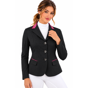 <b>Women</b>’s Black Equestrian Show Jacket Horse Riding Competition <b>Coat</b> Tailored Fit Gold Buttons Burgundy Collar Trim Apparels - Product Image 1