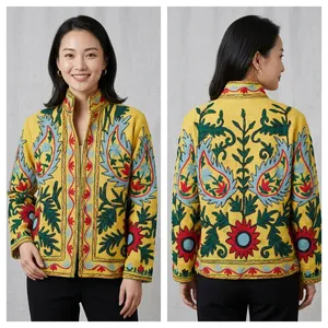 เสื้อแจ็คเก็ตผู้หญิง Sujani ผ้าฝ้าย Khadi สไตล์วาร์ซิตี้ ลายดอกไม้ ประดับพู่และเลื่อม ถักนิตติ้ง น้ำหนักเบา แห้งเร็ว แบบสั่งทำพิเศษ สองชั้น - Product Image 3