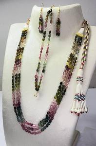 Natural Multi Tourmaline Faceted Oval Cut Beaded Necklace <b>Earrings</b> Pair Unique Double Layer Adjustable 24K Gold Plated Women's - Product Image 2