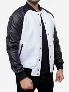 Veste universitaire sur mesure de haute qualité pour hommes, en laine, broderie chenille, style baseball, couleur blanc et noir. - Product Image 3