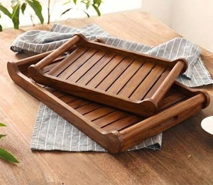 Rectangular Wooden <b>Tray</b> with Brass Ring Handles Modern Decorative Serving Platter for Home - Product Image 3