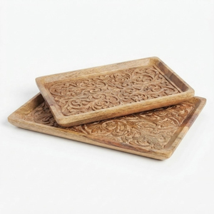 Handcrafted <b>Large</b> Round Solid Wood <b>Tray</b> With Carved Geometric Rim Acacia Decorative <b>Serving</b> Platter For Coffee Table Decor - Product Image 3