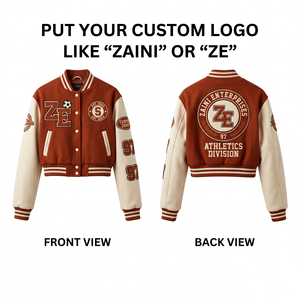 Women Crop Top Varsity <b>Jacket</b> Premium Wool Blend 450 GSM Brown <b>Cream</b> Faux Leather Sleeves Custom Embroidered Logo Cropped Fit - Product Image 1