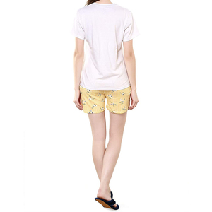 Women <b>2</b> <b>Piece</b> Summer <b>Set</b> <b>White</b> Crew Neck Short Sleeve Yellow Floral Print And Checkered Shorts Regular Fit Women Summer Wear - Product Image 2