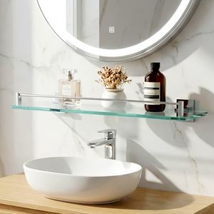 Estante de Baño Cuadrado Moderno de Vidrio Templado con Soporte de Pared en Latón Cromado para Uso en el Hogar - Product Image 1