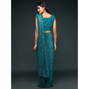 Stunning Teal Blue <b>Sequins</b> Georgette Reception Wear Saree - Product Image 2