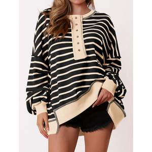 Custom 2025 Fall Womens Waffle Knit Pullover Tunic Tops Silk Oversized Sweatshirt with <b>Long</b> <b>Sleeve</b> Button <b>Henley</b> Neck - Product Image 5