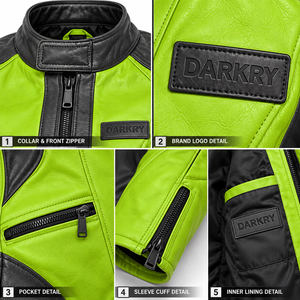 Neon Green Leather Jacket <b>Womens</b> Black Panel Stand Collar Biker Fitted Zip Sleeve Custom Racing Track <b>Outerwear</b> Coat Top - Product Image 6