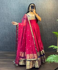 Kurti Tradicional Naryanpet con Bordado de Seda, Dupatta de Tela de Red, Ropa Casual, Precio al por Mayor, Prenda Étnica, Algodón Rosa, Lavable a Máquina - Product Image 6