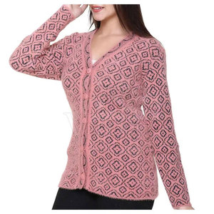 Women's Pink Solid Knitted Breathable Candy Color Cardigan V-Neck Regular Sleeve Casual Winter Wear <b>Covered</b> <b>Button</b> Embroidery - Product Image 5