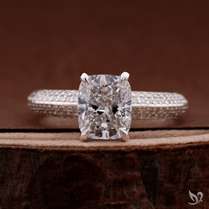 Micro pave band 2 CT elongated <b>cushion</b> lab grown diamond <b>ring</b> in 10K white gold IGI certified modern engagement <b>ring</b> - Product Image 1
