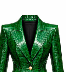 Blazer Verde con Estampado de Cocodrilo en Seda/Algodón para Mujer, Manga Larga, Cuello Alto, Cierre de Cremallera, Estilo Otoño/Invierno - Product Image 5