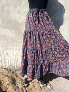 Boho Maxi <b>Skirt</b> for Women Block Print Cotton Dress Handmade Gypsy Tiered Design <b>Elastic</b> Waistline Embroidered Breathable - Product Image 2