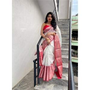 ATRACTIVA LICHI SEDA ZARI TEJIDO TRABAJO SAREE CON BLUSA SIN COSTAR BLANCO - Product Image 1