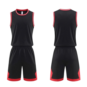 Ensemble de maillot et short de basket-ball pour homme, noir et rouge, sans manches, en polyester respirant, vêtements de sport pour toutes les saisons, coupe classique - Product Image 1