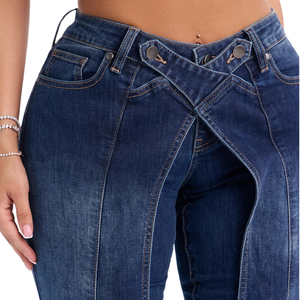 Jean en denim coupe bootcut bleu foncé vintage pour femme, taille mi-haute, coupe régulière, décontracté, longueur complète, patchwork, respirant, séchage rapide, personnalisable - Product Image 3