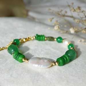 Genuine Jade And Pearl <b>Bracelet</b> Green Jade Crystal <b>Beaded</b> Bangle Freshwater Pearl Good Luck Protection Gift - Product Image 1