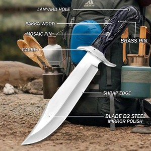 Couteau de chasse Bowie en acier au carbone avec manche en bois Pakka et embout en laiton, couteau de chasse et de camping avec étui en cuir - Product Image 3