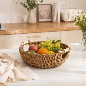 Rustic Seagrass Decorative <b>Tray</b> with Wooden Handles Round Woven <b>Basket</b> for Serving Entertaining and Display - Product Image 1