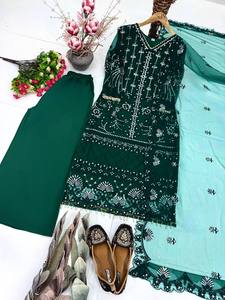 Conjunto de Salwar Kameez Verde Esmeralda Estilo Pakistaní de Moda, Kurti Recto de Georgette Pesado con Bordado de Lujo y Pantalón Palazzo para Fiesta India - Product Image 4