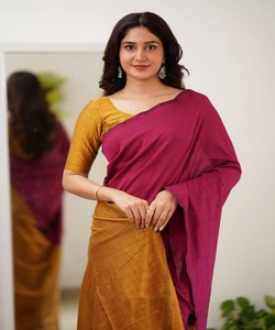 Sari de seda magenta con borde dorado, traje tradicional indio para bodas, para mujer, corte regular, largo hasta el suelo. - Product Image 2