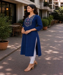 Kurta de Algodón con Estampado Floral para Mujer, Largo Midi, Corte Regular, Estilo Tradicional Informal de India y Pakistán, Verde, Secado Rápido - Product Image 3