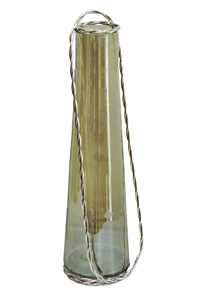 Vase à fleurs vintage en verre suspendu avec poignée en fil d'argent torsadé - Grand vase décoratif en verre vert conique - Product Image 2