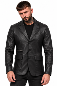 Blazer de Cuero Genuino Negro de Lujo para Hombre de BOOMLET CORPORATION, Chaqueta de Traje Clásica con Solapa de Muesca y Cierre de Tres Botones, Corte Entallado - Product Image 4