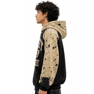 Sweat à capuche zippé pour homme de haute qualité, manches raglan, imprimé éclaboussures noir et beige, décontracté, pour l'automne - Product Image 5